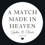 A MATCH MADE IN HEAVEN Heart Wedding Matches Favou Classic Round Sticker<br><div class="desc">A Classic Black Thank You Wedding Sticker featuring "A Match Made in Heaven" in a classic modern elegant font. 
You can easily personalised it with your names and wedding date.</div>