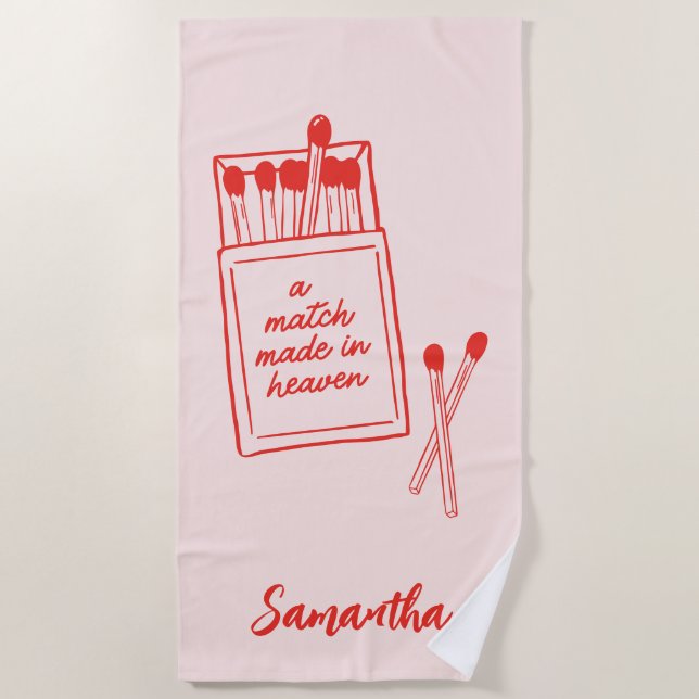 A Match Made in Heaven Pink & Red Personalised Beach Towel (Front)