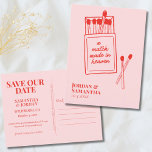 A Match Made in Heaven Save the Date Postcard<br><div class="desc">A Match Made in Heaven Red & Pink wedding save the date postcard. The front showcases a cute retro matchbox design, setting the perfect tone for your wedding day. Add custom text to make it your own. Enter the Zazzle design tool for additional design customisations. Automatically comes on matte paper....</div>