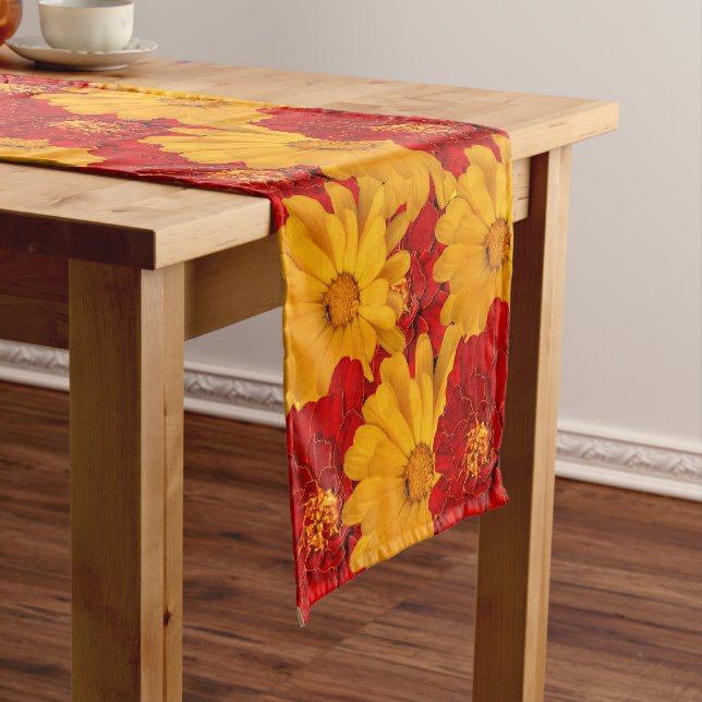 A Medley of Red Yellow and Orange Marigolds Short Table Runner (In Situ)