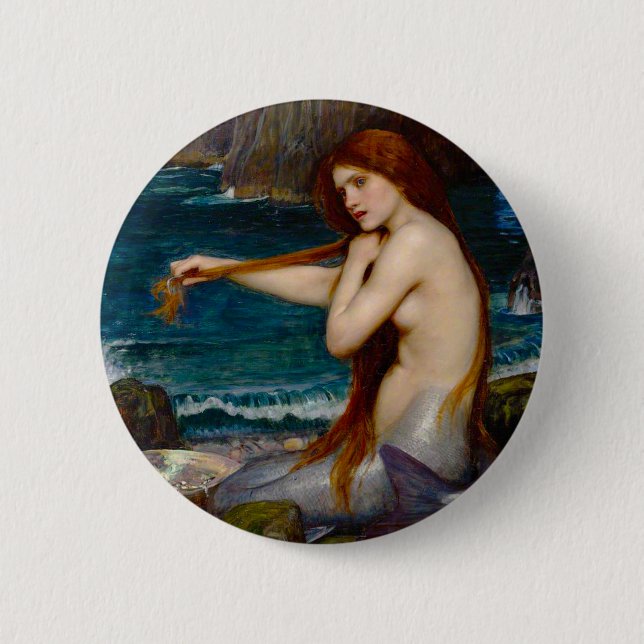 A Mermaid, c. 1900 by John Waterhouse 6 Cm Round Badge (Front)