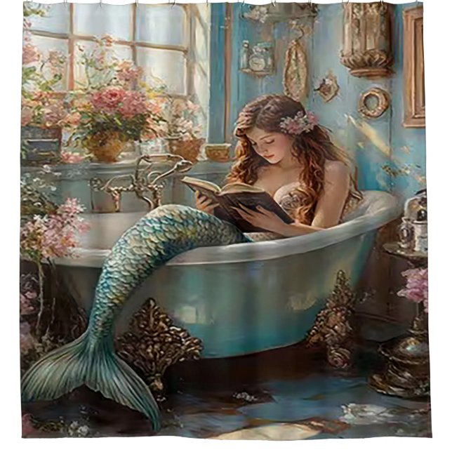 A Mermaid in Her Aquatic Bath Shower Curtain (Front)