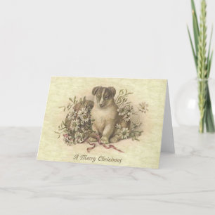 A Merry Christmas Adorable Dog with Flowers Holiday Card