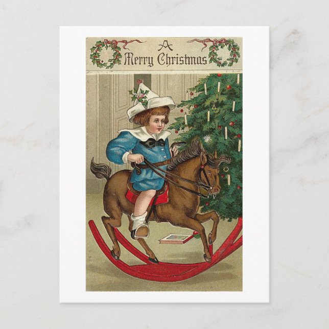 A Merry Christmas Child and Rocking Horse Holiday Postcard (Front)