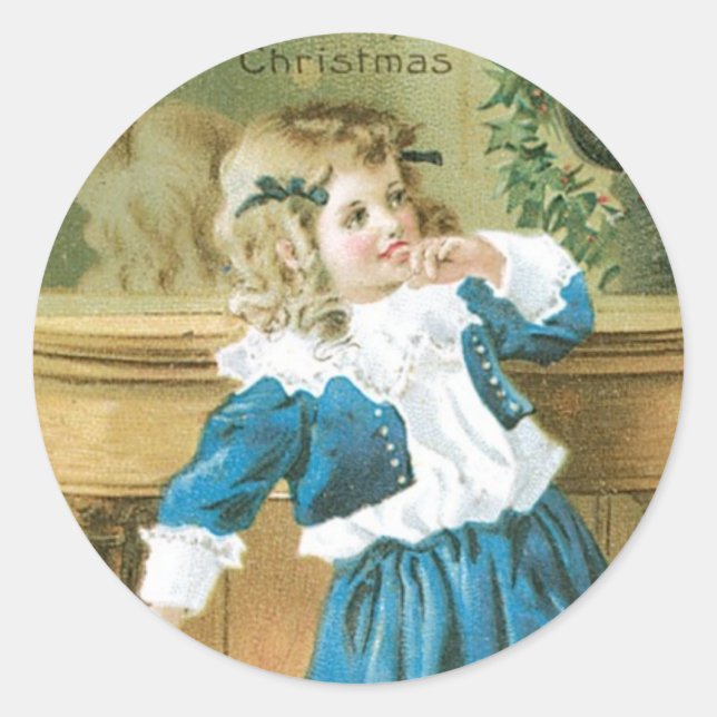 "A Merry Christmas" Girl in Blue Classic Round Sticker (Front)