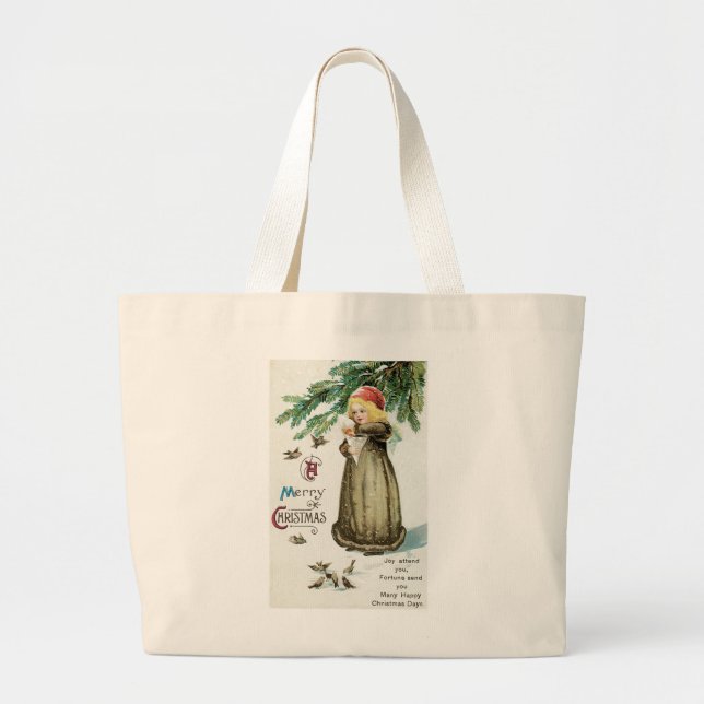"A Merry Christmas" Girl Large Tote Bag (Front)