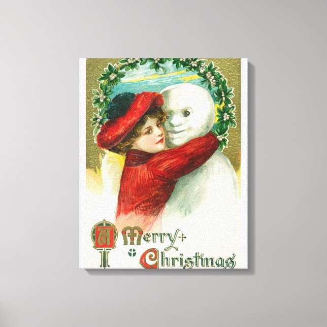 A Merry Christmas Hugging Snowman Scene Canvas Print (Front)