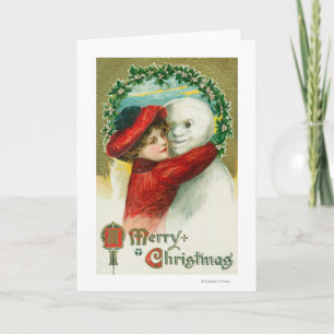 A Merry Christmas Hugging Snowman Scene Holiday Card