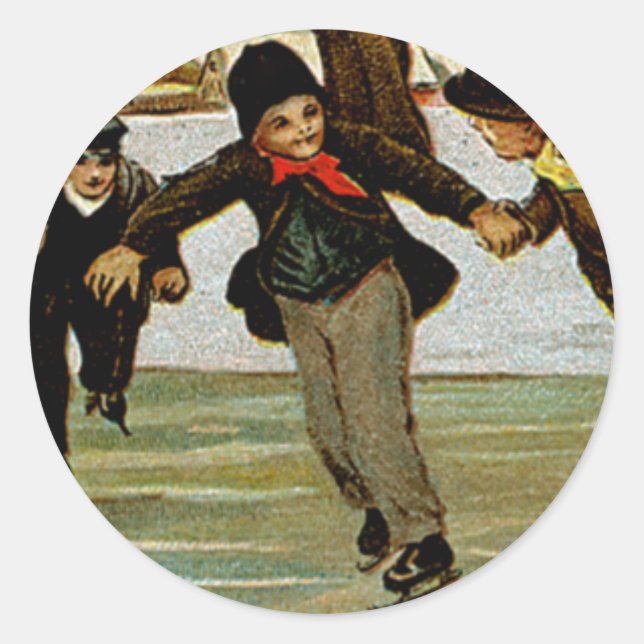A Merry Christmas Ice Skaters Classic Round Sticker (Front)