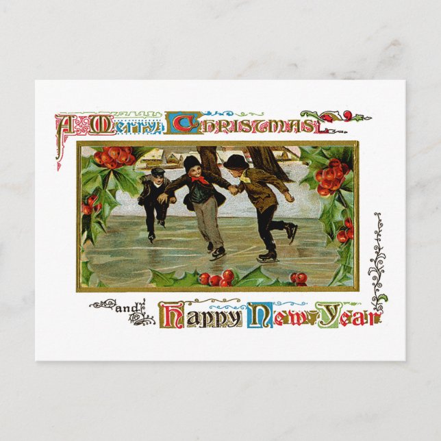 A Merry Christmas Ice Skaters Holiday Postcard (Front)