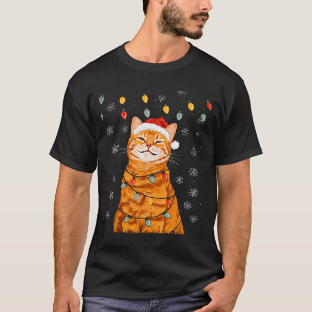 A Merry Christmas Lights Snowflake Ginger Cat Oran T-Shirt (Front)