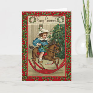 A Merry Christmas Rocking Horse Vintage Art Holiday Card