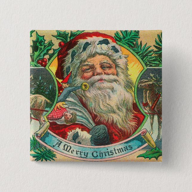 A Merry Christmas Santa and Reindeer Scene 15 Cm Square Badge (Front)