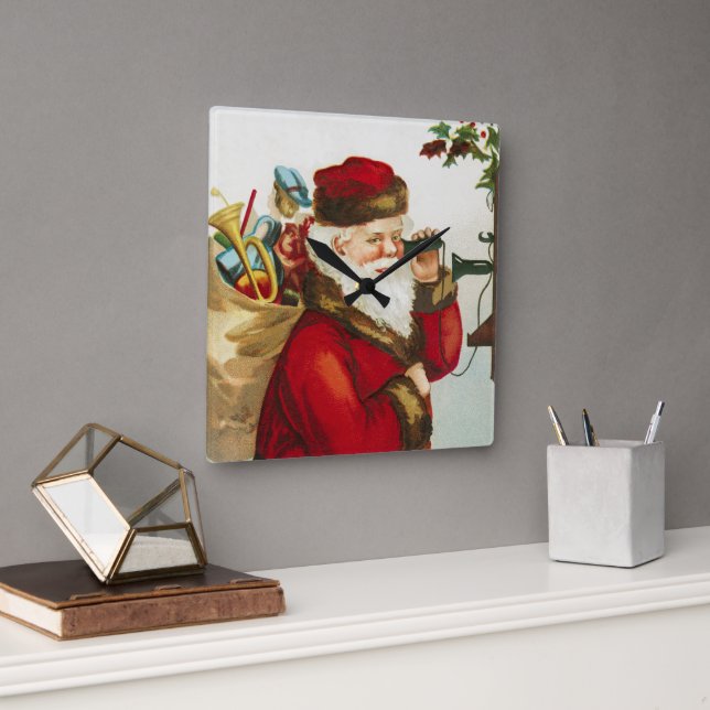 A Merry Christmas Santa Claus by Ellen Clapsaddle Square Wall Clock (Office)