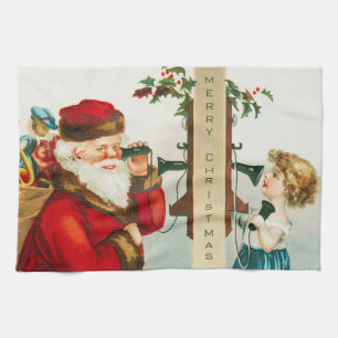 A Merry Christmas Santa Claus by Ellen Clapsaddle Tea Towel