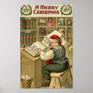 A Merry Christmas Santa in Workshop Card Poster