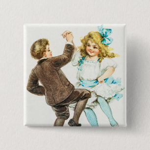 A Merry Christmas - vintage card, dancing children 15 Cm Square Badge