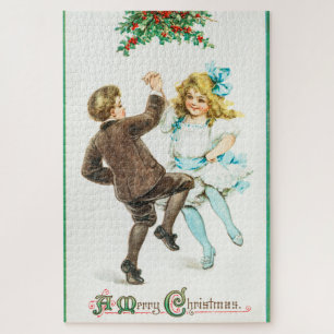 A Merry Christmas - vintage card, dancing children Jigsaw Puzzle