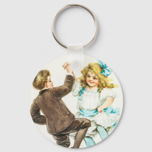 A Merry Christmas - vintage card, dancing children Key Ring