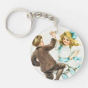 A Merry Christmas - vintage card, dancing children Key Ring