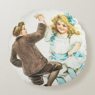 A Merry Christmas - vintage card, dancing children Round Cushion