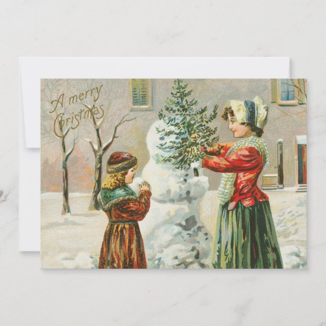 A Merry Christmas Woman, Child and Snowman Holiday Card (Front)
