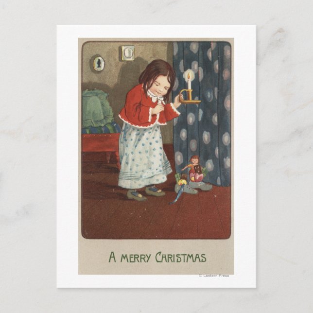 A Merry ChristmasGirl Holding a Candlestick Holiday Postcard (Front)
