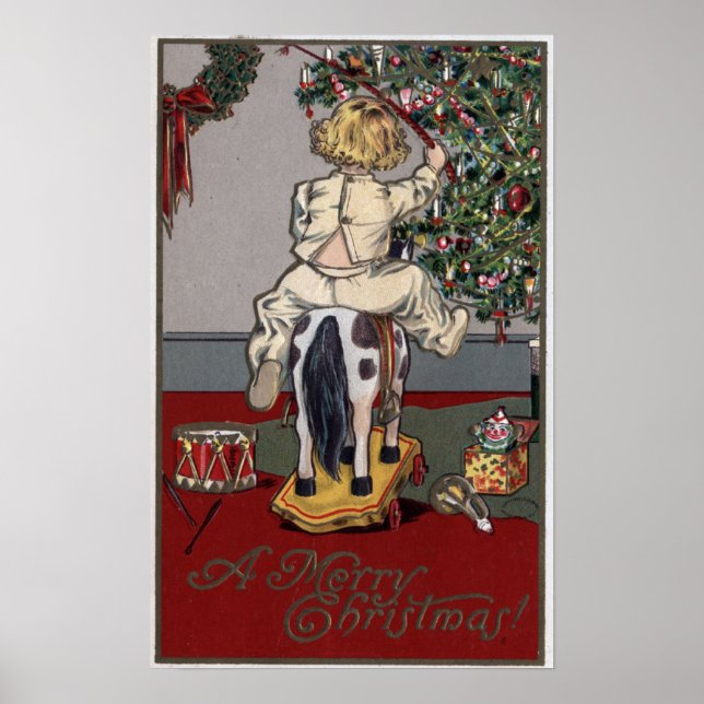 A Merry ChristmasKid on a Rocking Horse Poster (Front)