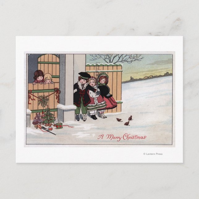 A Merry ChristmasKids by Fence Holiday Postcard (Front)