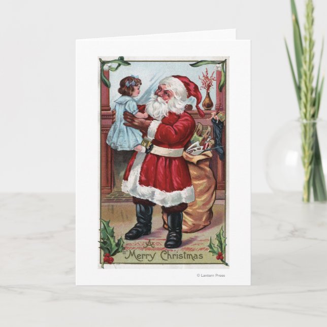 A Merry ChristmasSanta Holding Girl in Blue Holiday Card (Front)