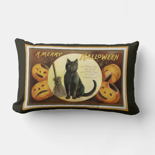 A Merry Halloween Black Cat and Pumpkins Black Lumbar Cushion (Front)