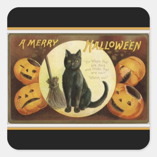 A Merry Halloween Black Cat and Pumpkins Black Square Sticker