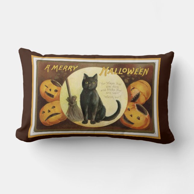 A Merry Halloween Black Cat and Pumpkins Brown Lumbar Cushion (Front)