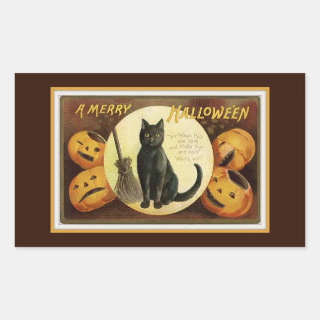 A Merry Halloween Black Cat and Pumpkins Brown Rectangular Sticker (Front)