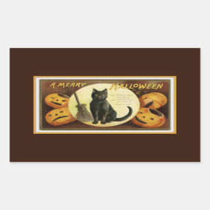 A Merry Halloween Black Cat and Pumpkins Brown Rectangular Sticker