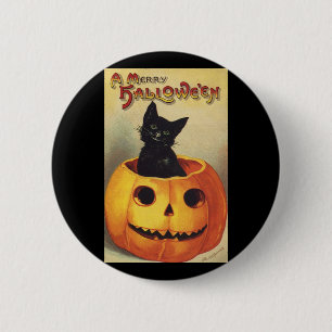 A Merry Halloween by Ellen Clapsaddle, Vintage Cat 6 Cm Round Badge
