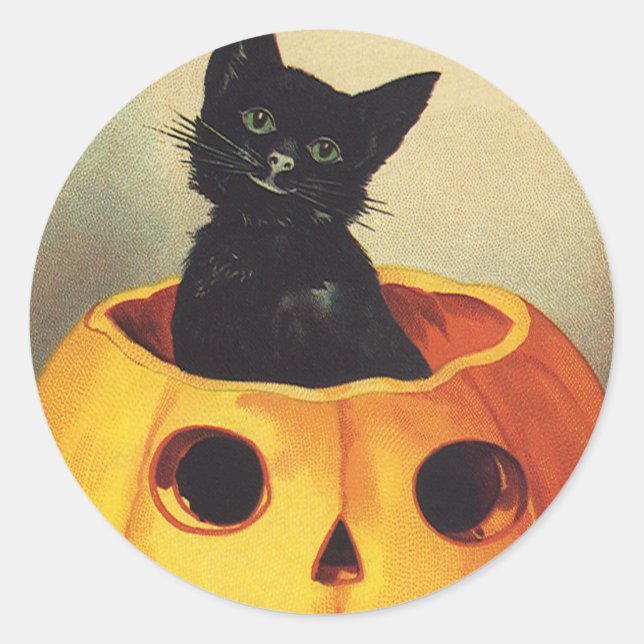 A Merry Halloween by Ellen Clapsaddle, Vintage Cat Classic Round Sticker (Front)