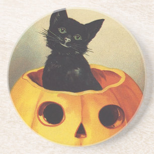 A Merry Halloween by Ellen Clapsaddle, Vintage Cat Coaster