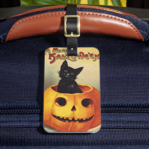 A Merry Halloween by Ellen Clapsaddle, Vintage Cat Luggage Tag