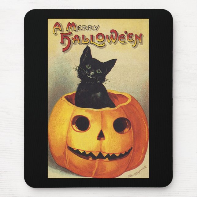 A Merry Halloween by Ellen Clapsaddle, Vintage Cat Mouse Mat (Front)