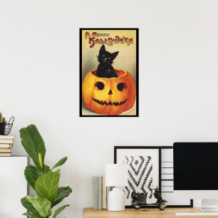 A Merry Halloween by Ellen Clapsaddle, Vintage Cat Poster