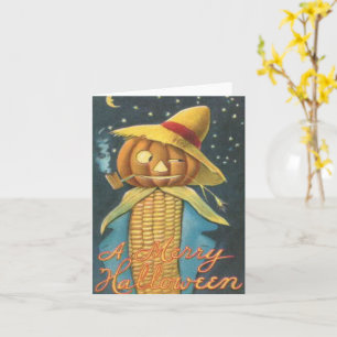 A Merry Halloween Corn Pumpkin Scarecrow Vintage Card