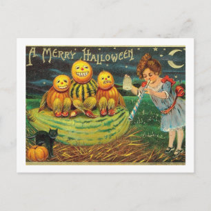 A Merry Halloween, Jack O Lanterns, Girl, Vintage Postcard