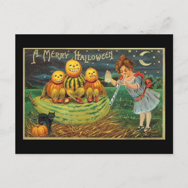 A Merry Halloween Pumpkin Melons Girl Vintage Postcard (Front)