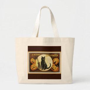 A Merry Halloween Vintage Black Cat and Pumpkins Large Tote Bag