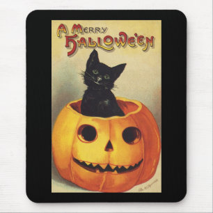 A Merry Halloween, Vintage Black Cat in Pumpkin Mouse Mat