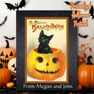 A Merry Halloween Vintage Retro Black Cat Custom Postcard