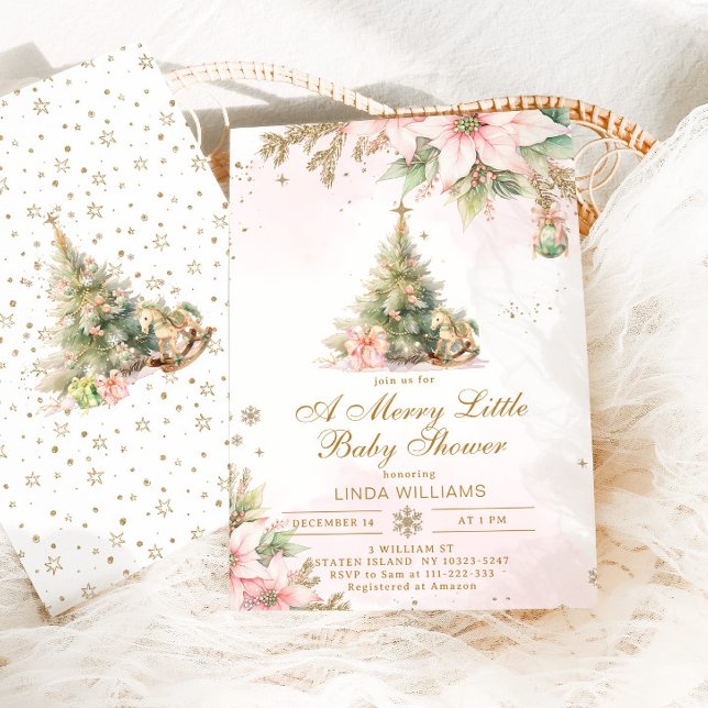 A Merry Little baby shower Pink gold Christmas Invitation (Creator Uploaded)