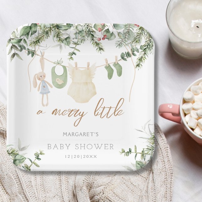 A Merry Little | Boho Girl Winter Baby Shower Paper Plate (Creator Uploaded)