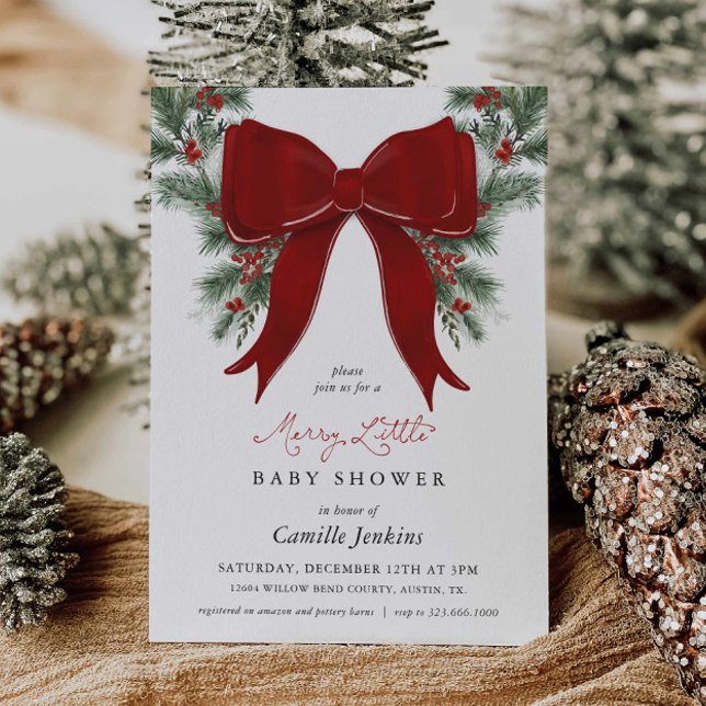 A Merry Little Christmas Baby Shower Invitation (Merry Little Christmas Baby Shower Red bow and wreath)